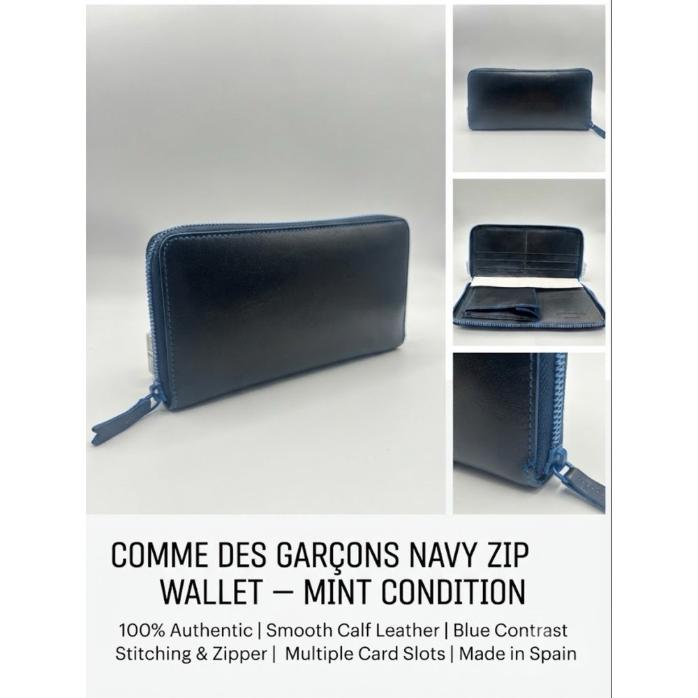 Comme Des Garçon Navy blue leather all around zip wallet